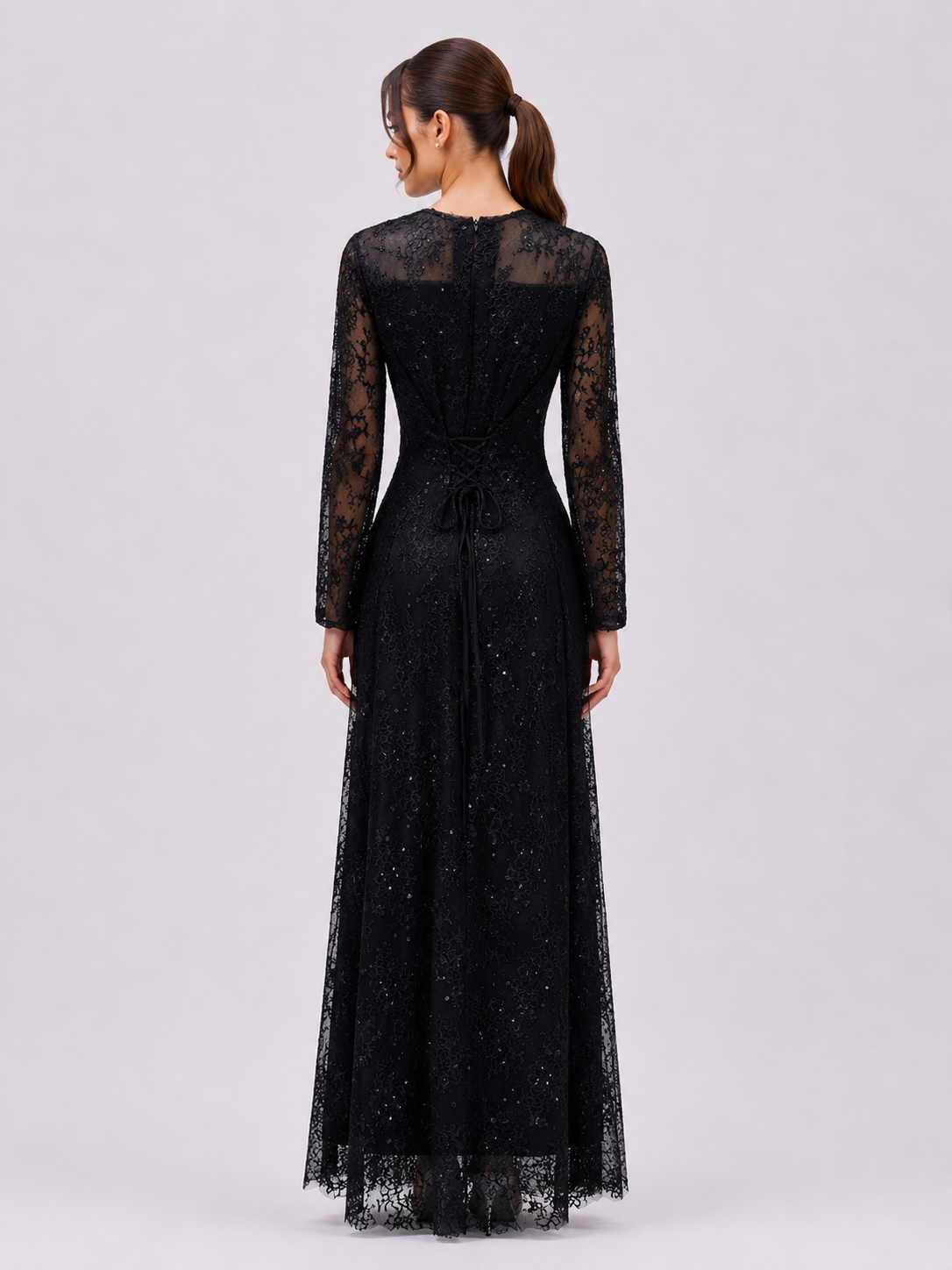 Black Lace Danielle elegant dress with soft tulle cape