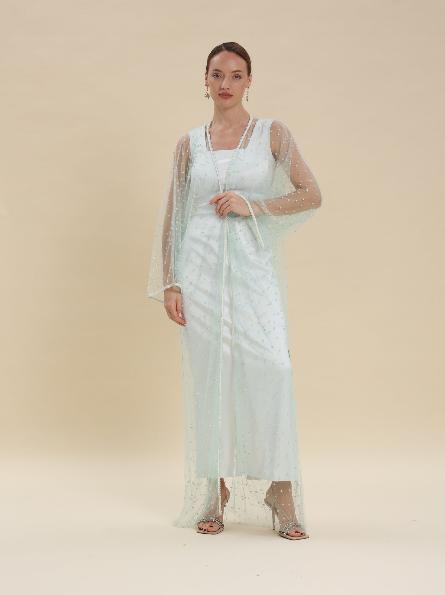 MESH TULLE PEARL MAXI CARDIGAN