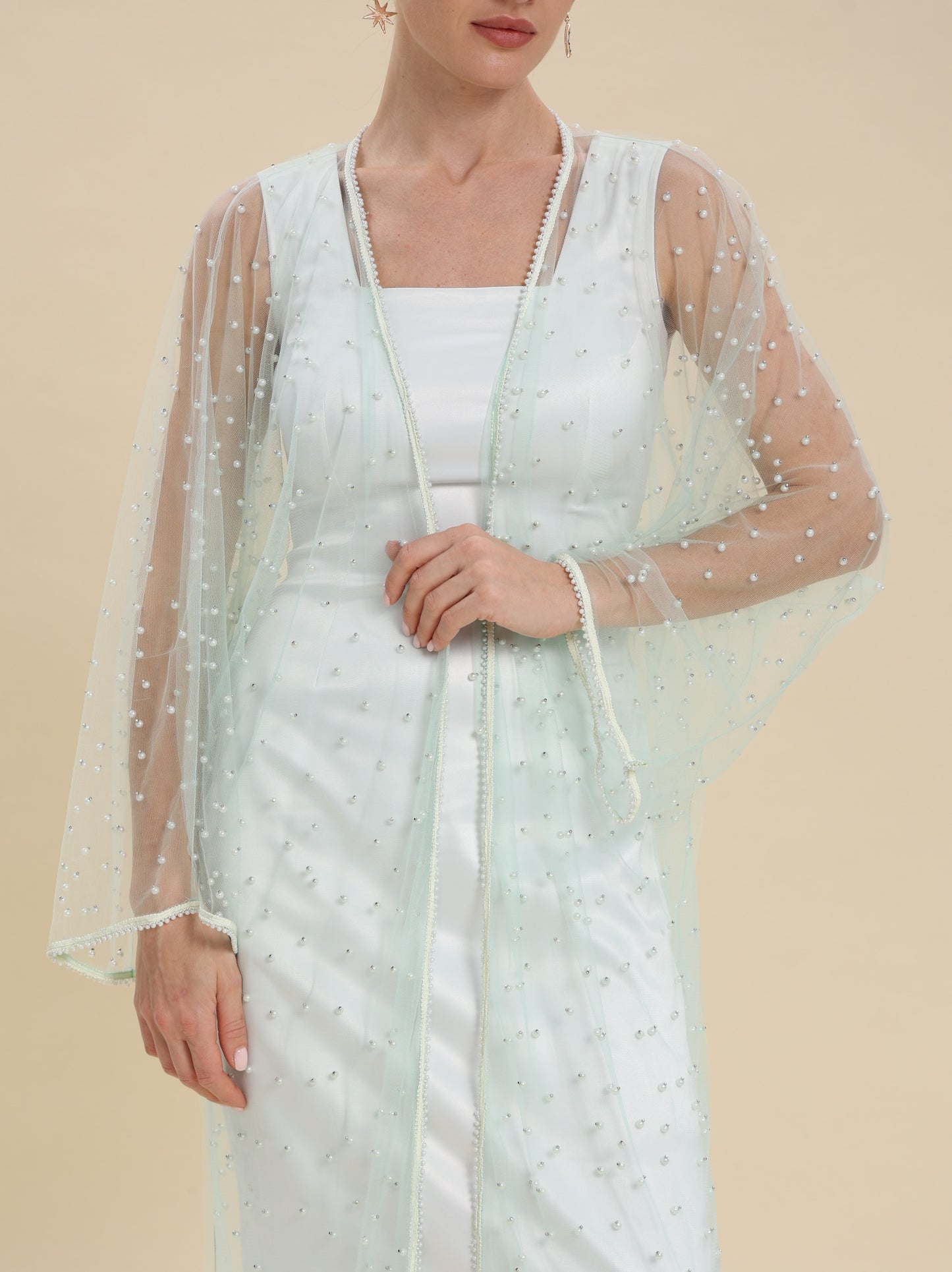 MESH TULLE PEARL MAXI CARDIGAN