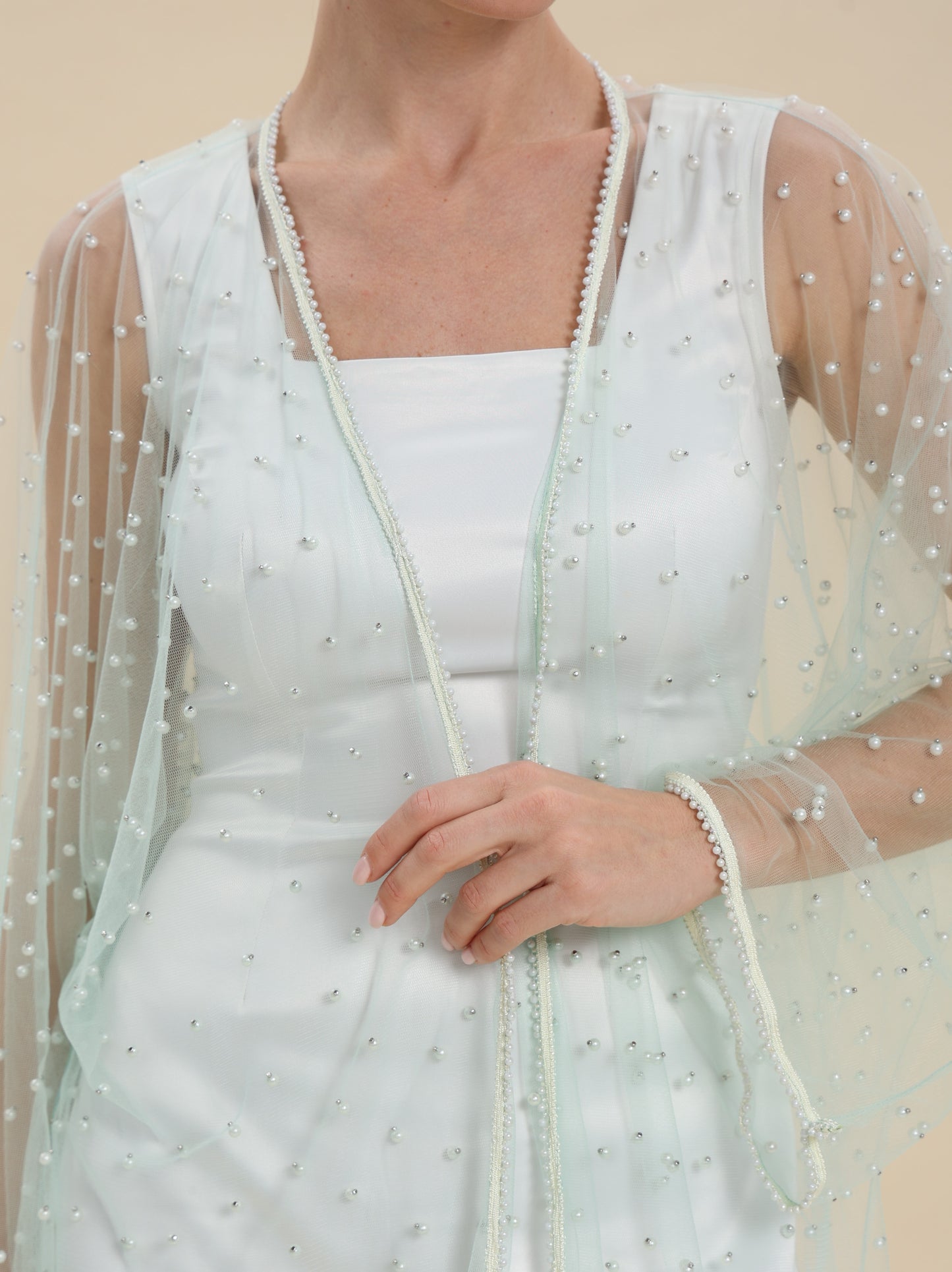 MESH TULLE PEARL MAXI CARDIGAN