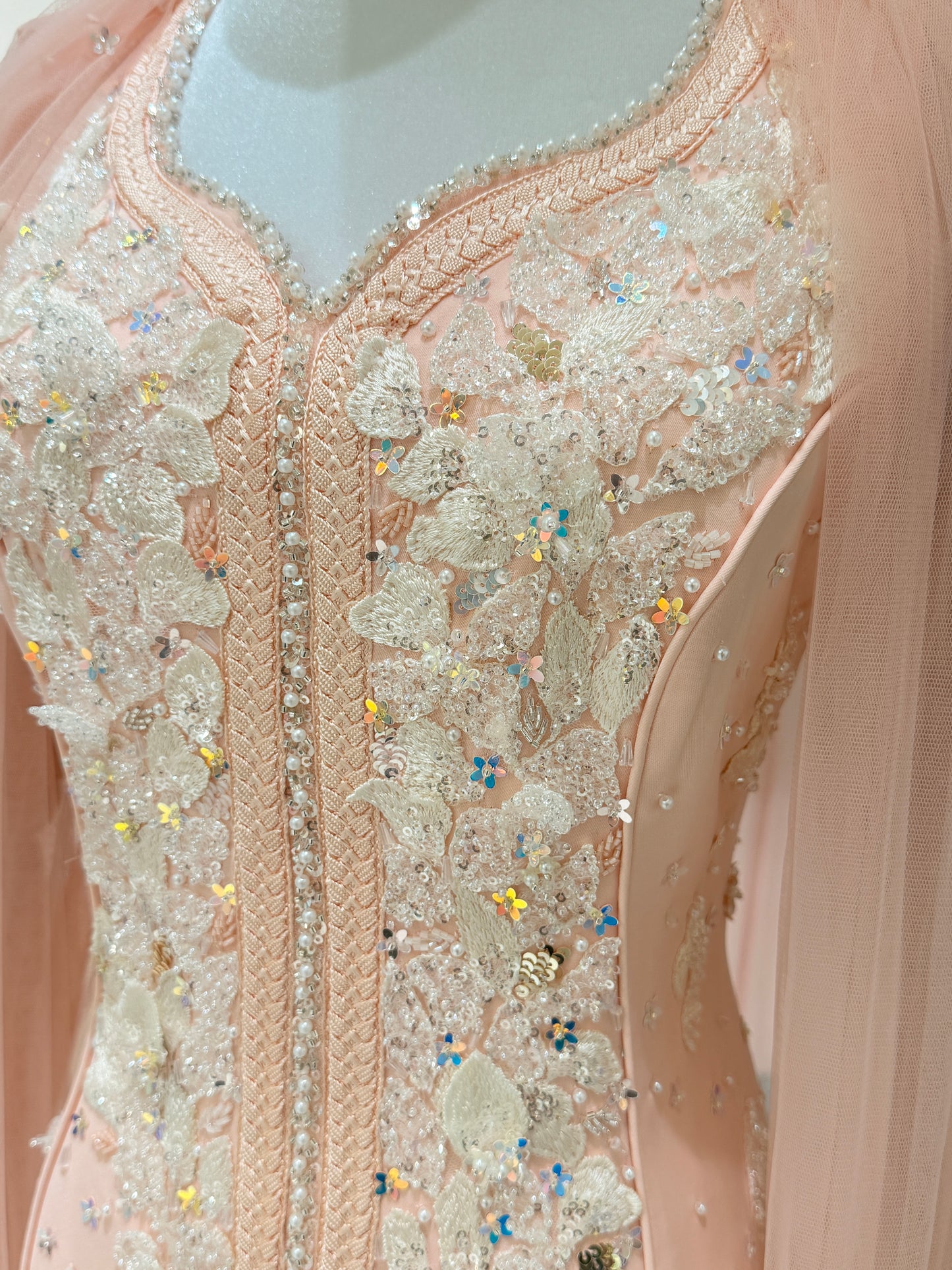 Rich sp peach caftan with white work
