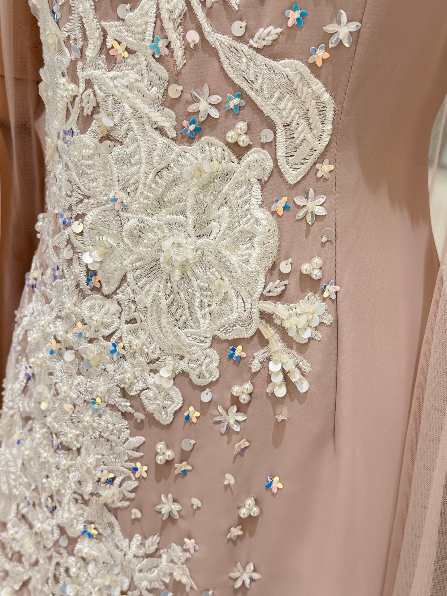 Beige cool crepe dress with white embellishment
