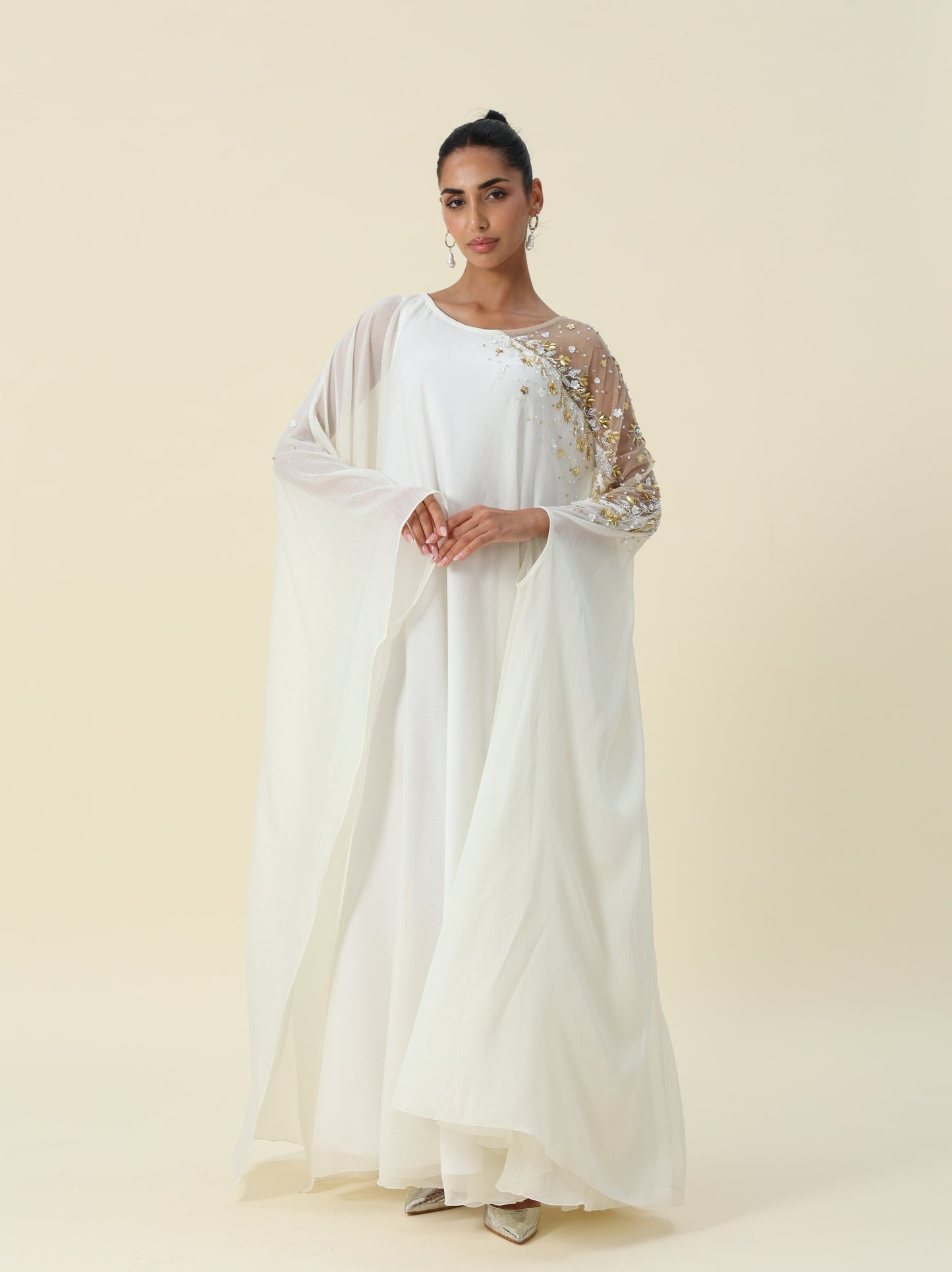 Off White Metallic Chiffon Kaftan