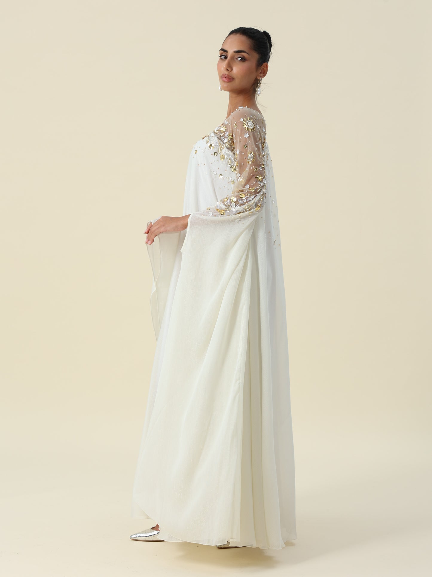 Off White Metallic Chiffon Kaftan