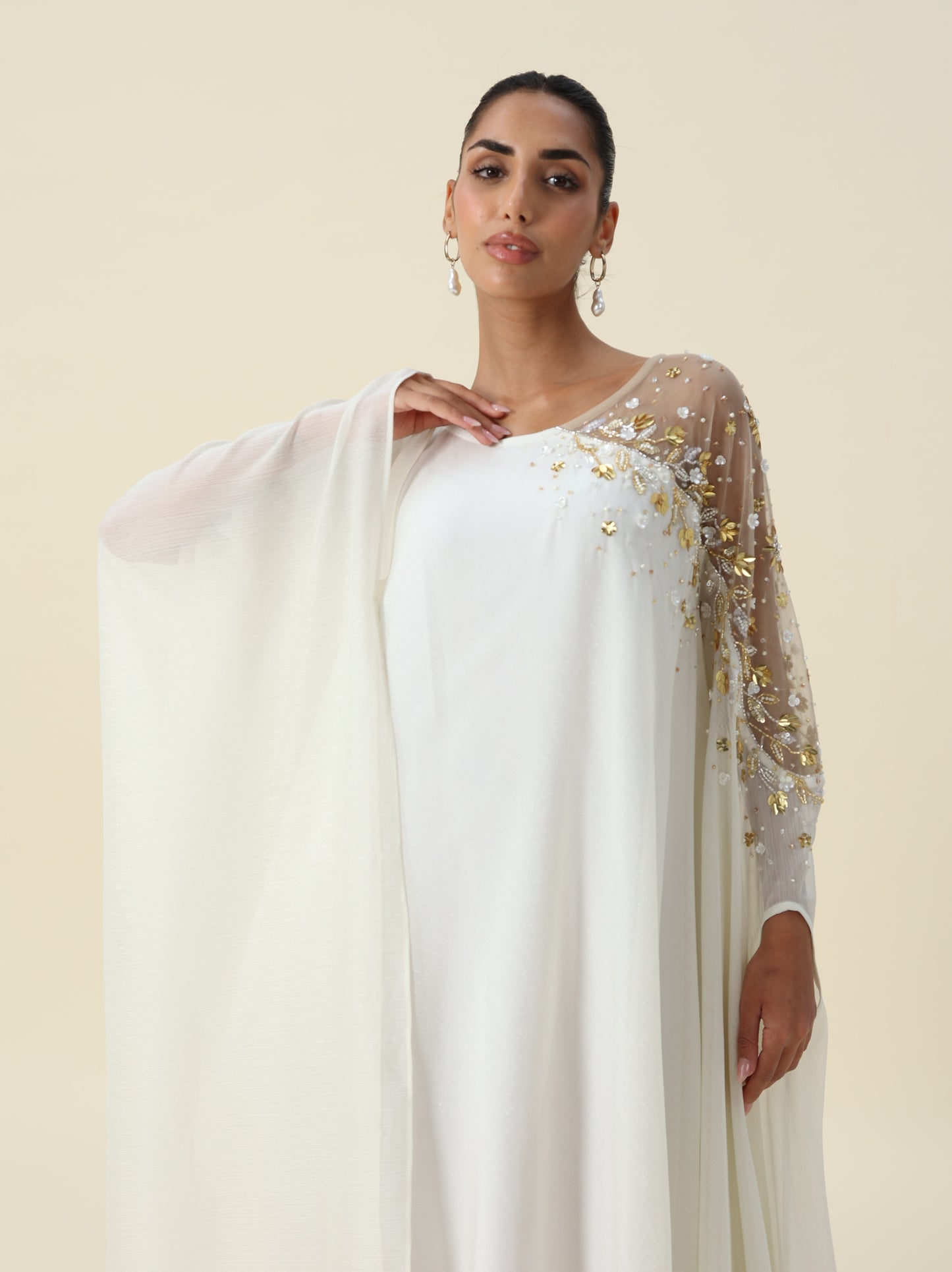 Off White Metallic Chiffon Kaftan