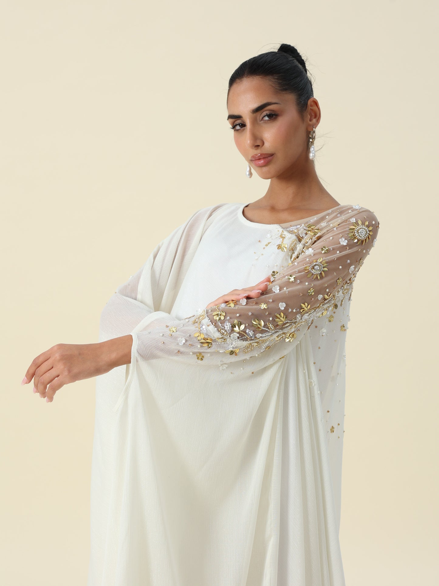 Off White Metallic Chiffon Kaftan