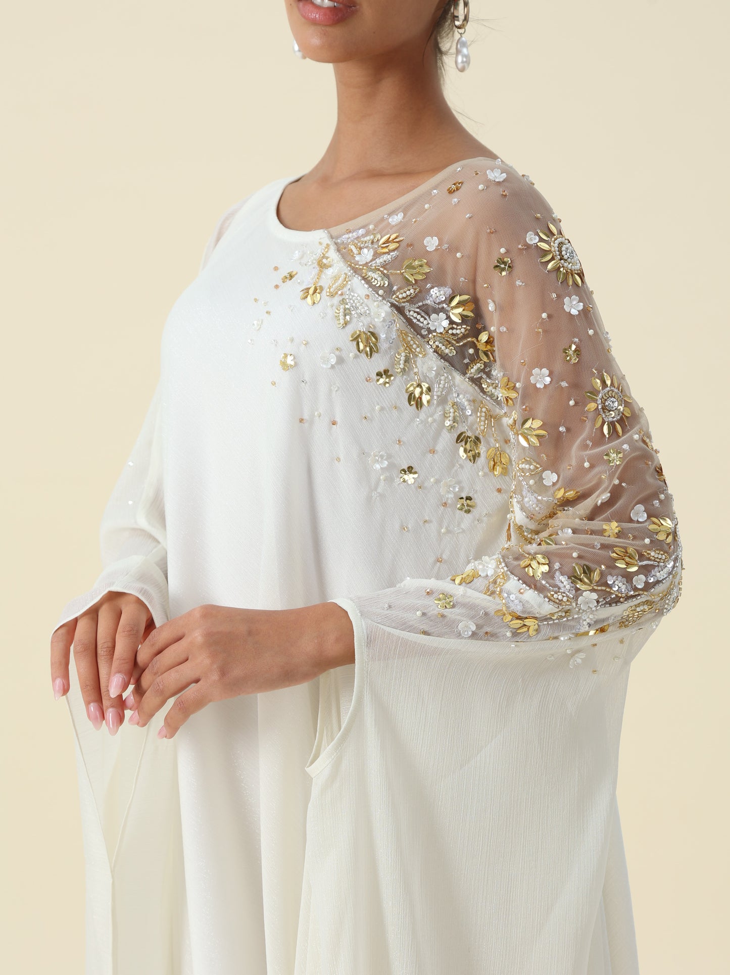 Off White Metallic Chiffon Kaftan