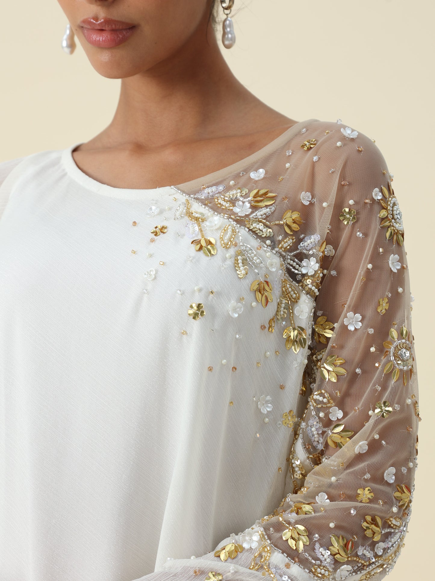 Off White Metallic Chiffon Kaftan