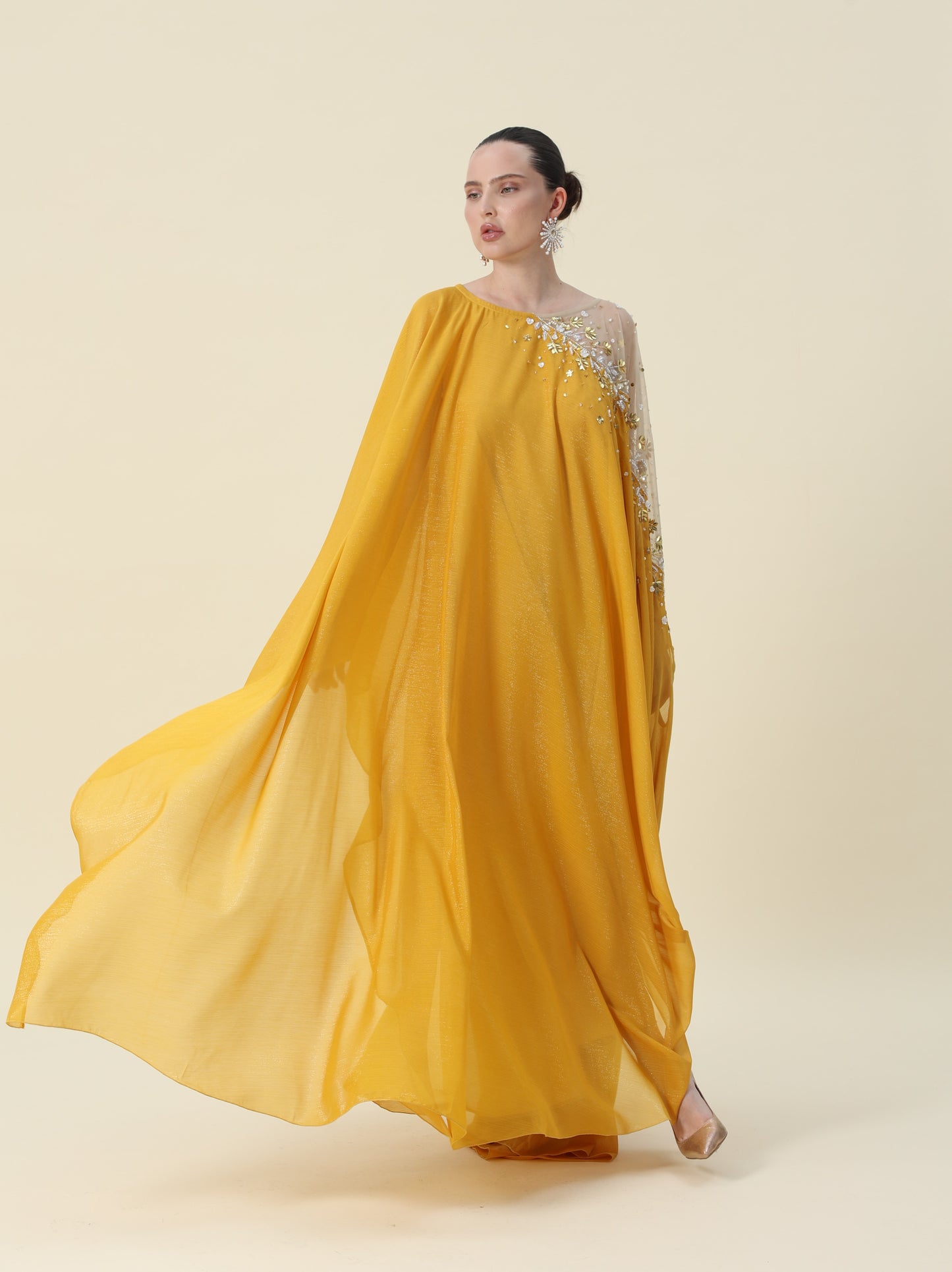 Moustard Mettalic Chiffon Kaftan