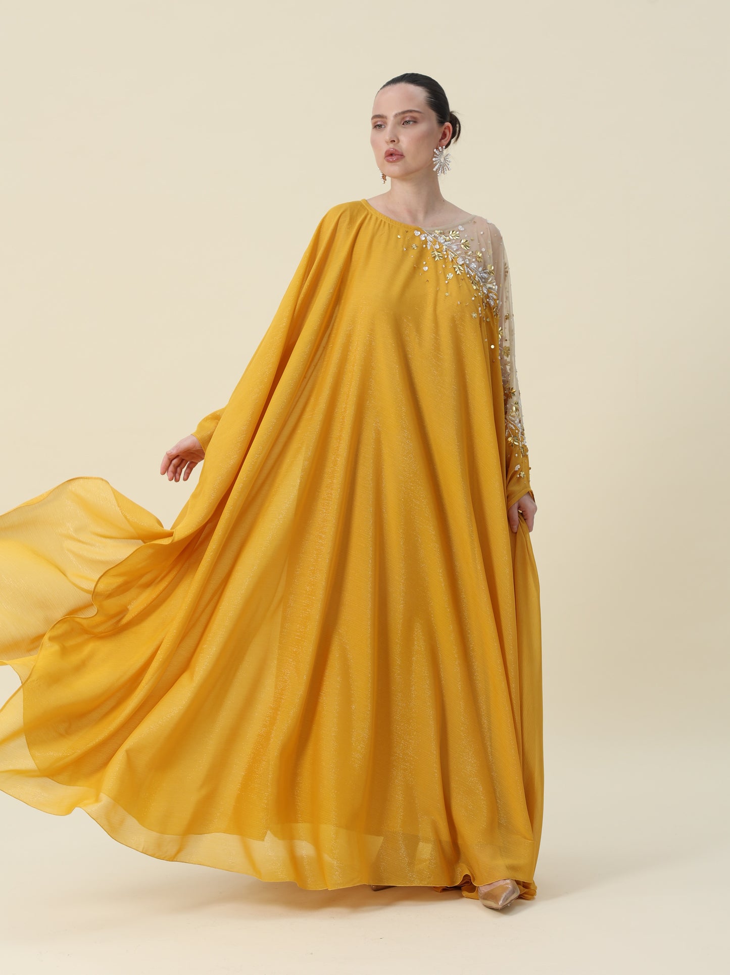 Moustard Mettalic Chiffon Kaftan