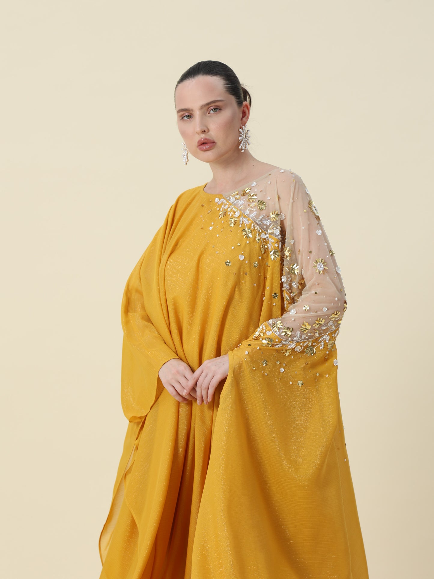 Moustard Mettalic Chiffon Kaftan