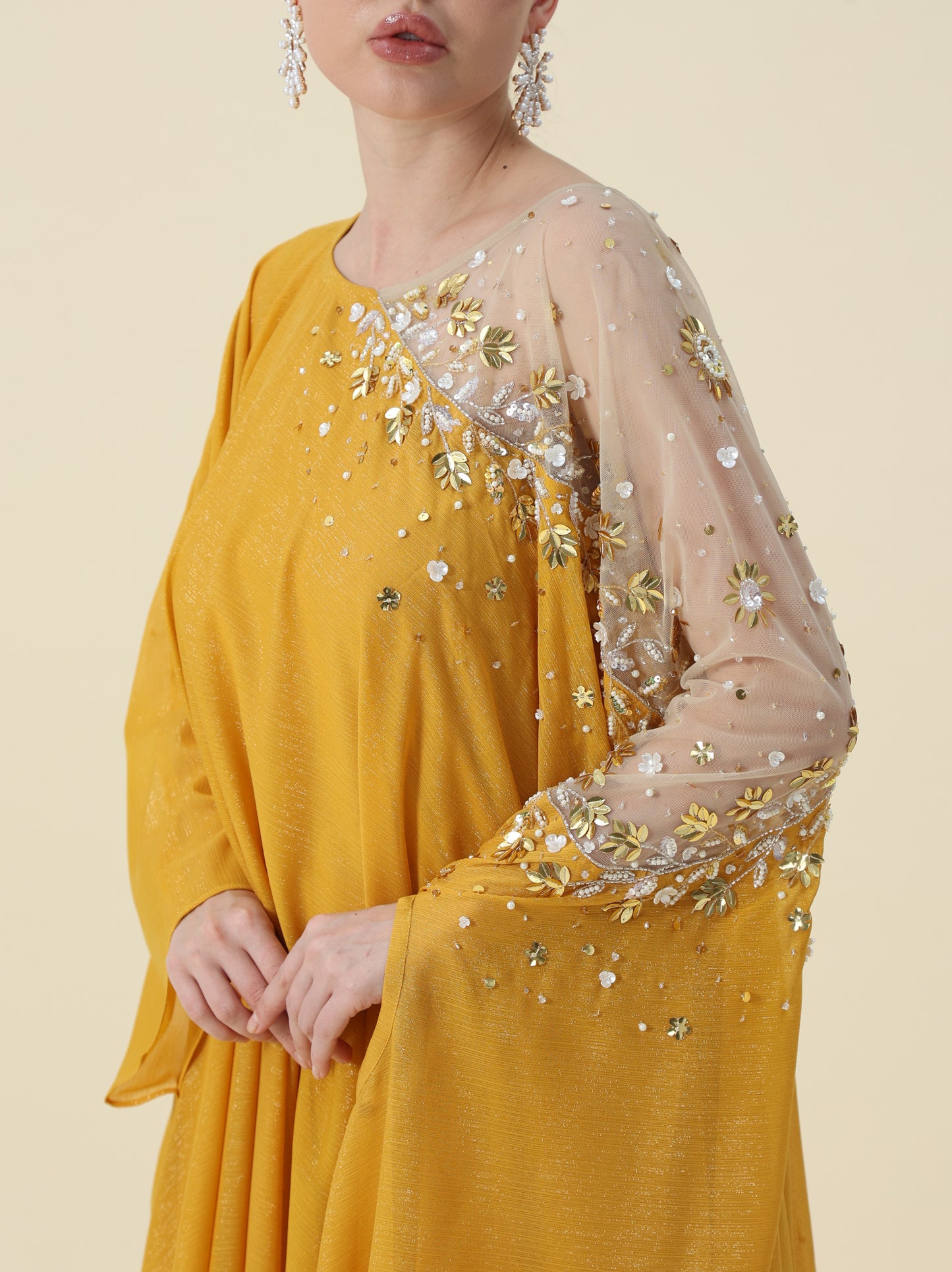 Moustard Mettalic Chiffon Kaftan