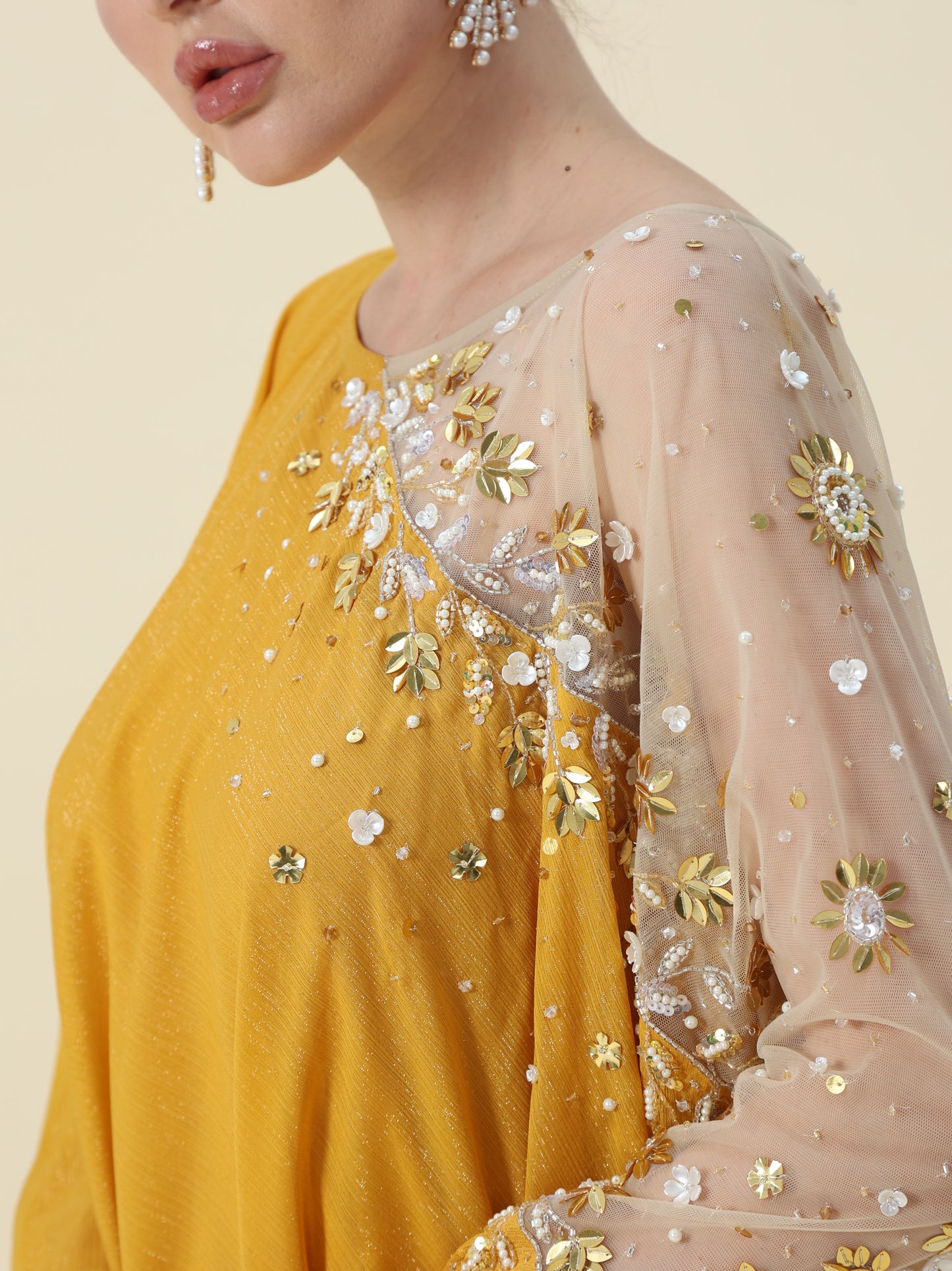 Moustard Mettalic Chiffon Kaftan