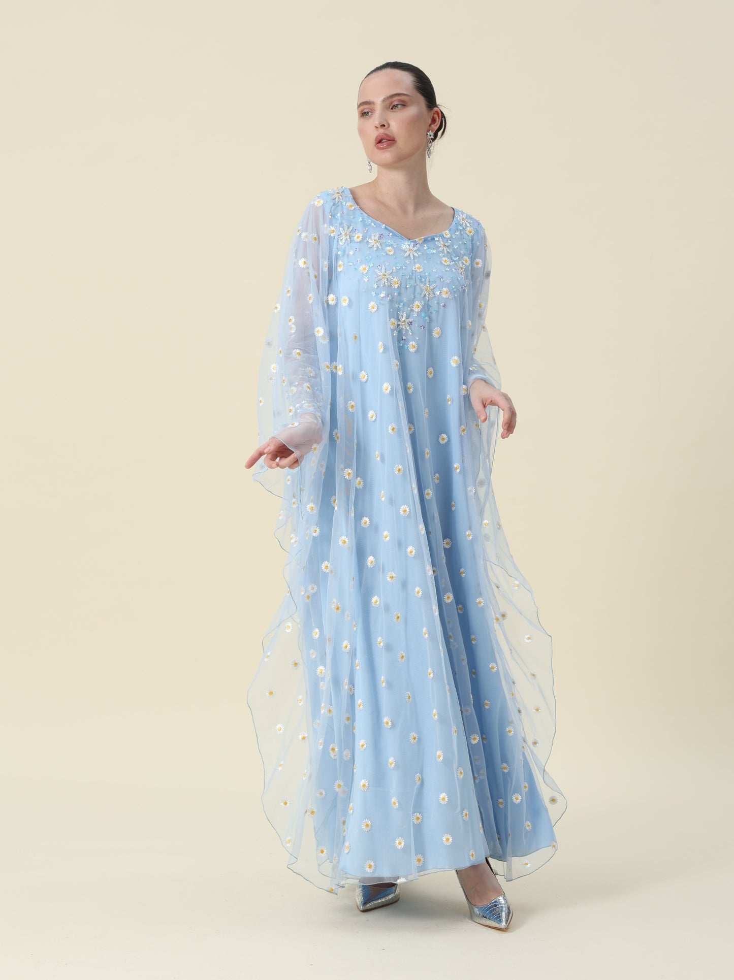 Sky Blue Sunflower Mesh Tulle Arabic Thob