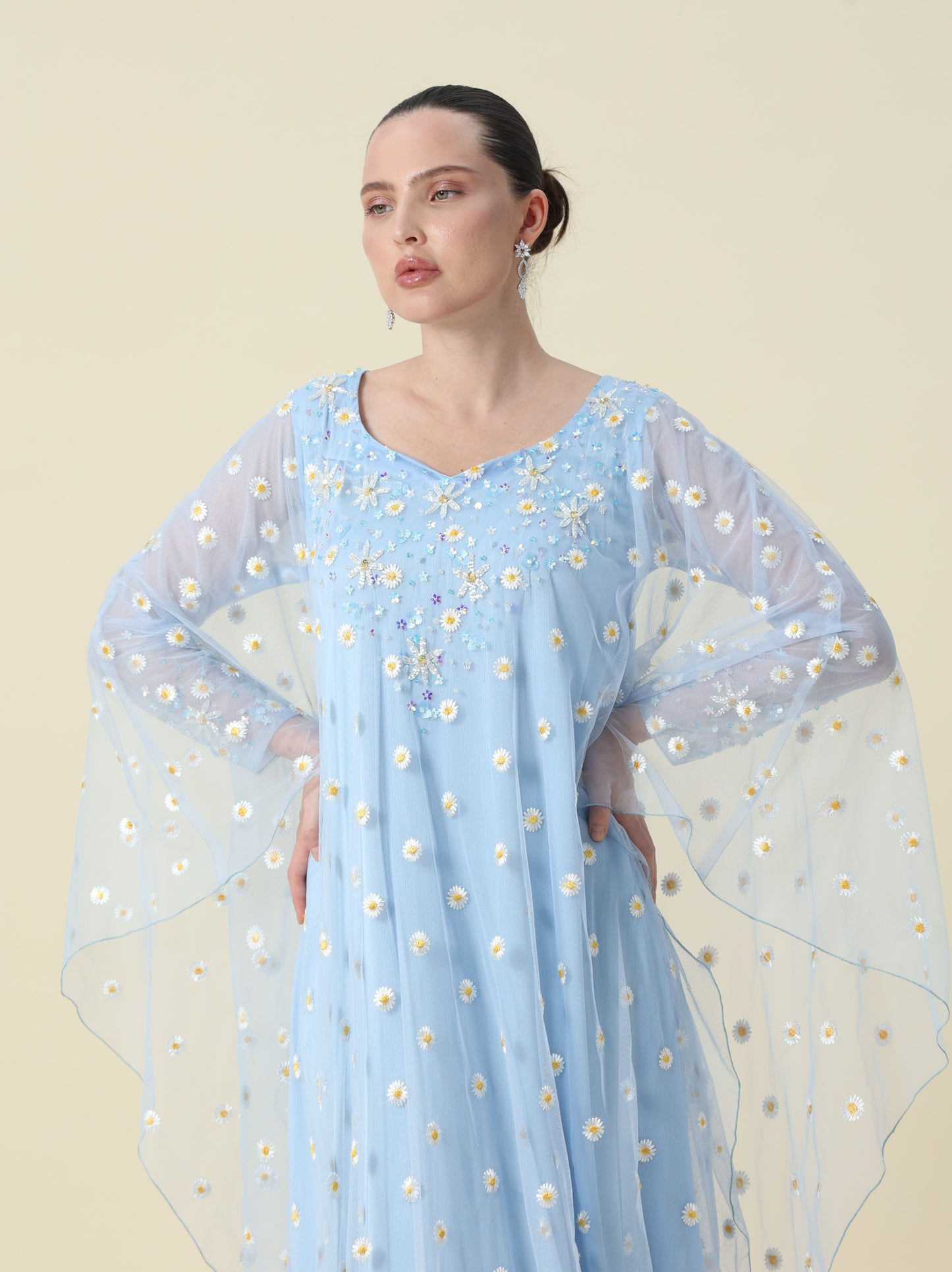 Sky Blue Sunflower Mesh Tulle Arabic Thob