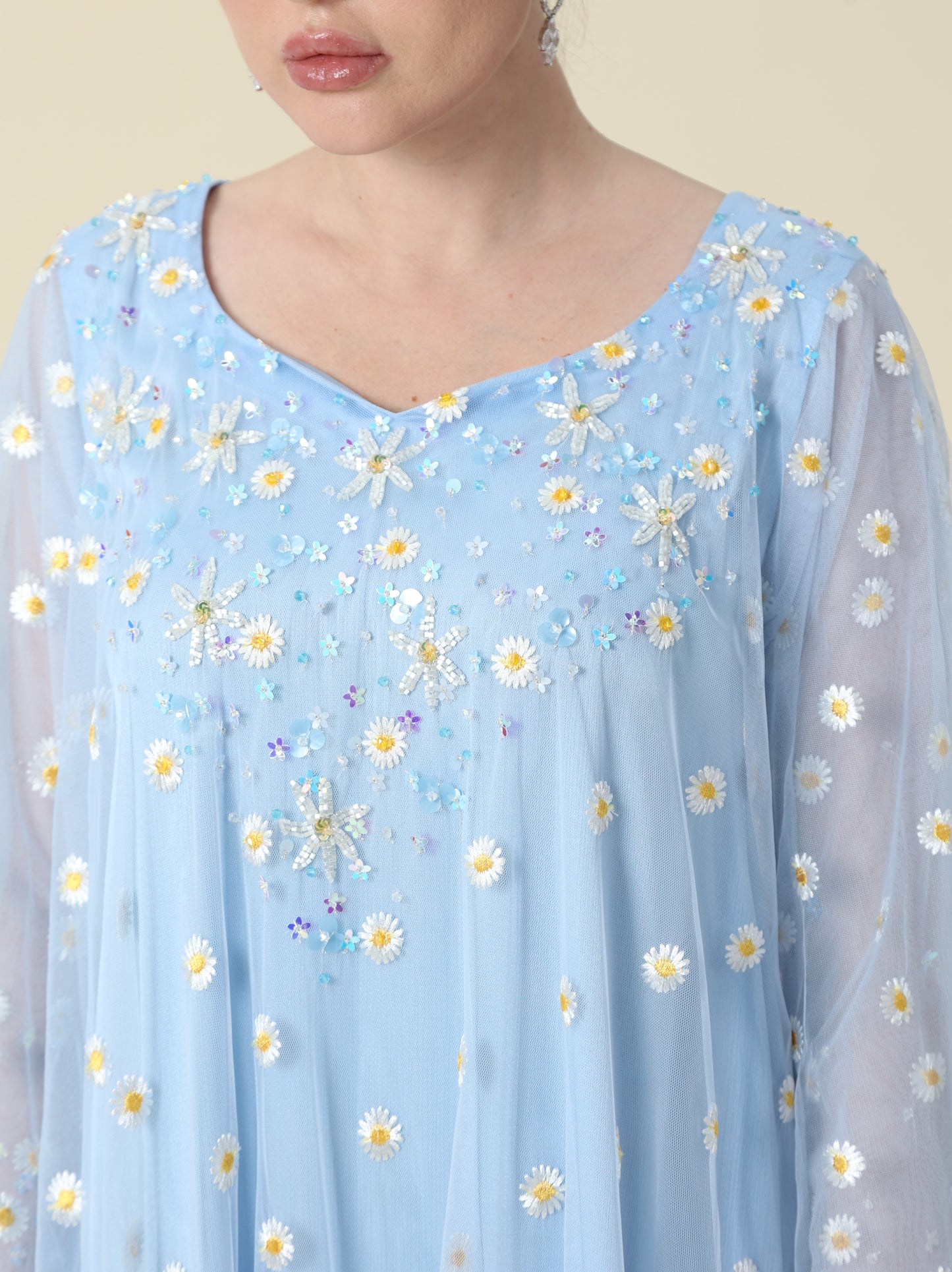 Sky Blue Sunflower Mesh Tulle Arabic Thob