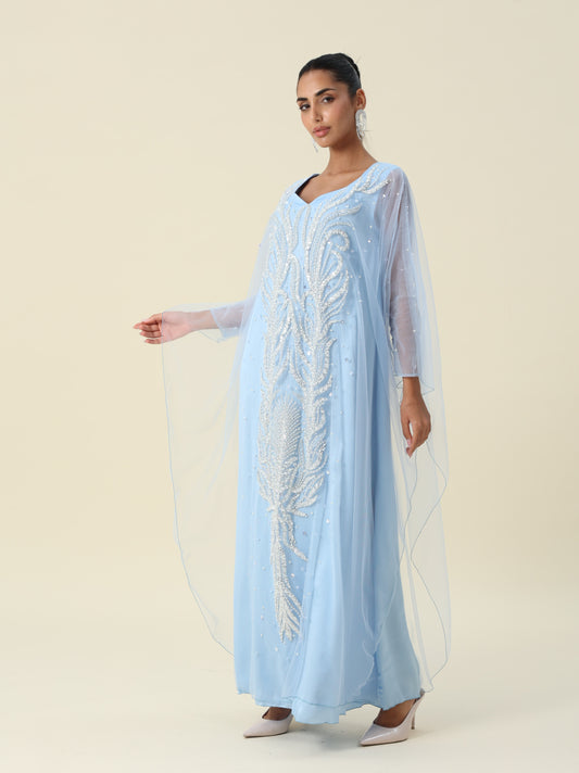 Sky Blue Mesh Tulle with Pearl appliqué embroided details