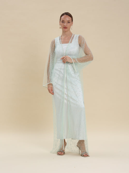 MESH TULLE PEARL MAXI CARDIGAN