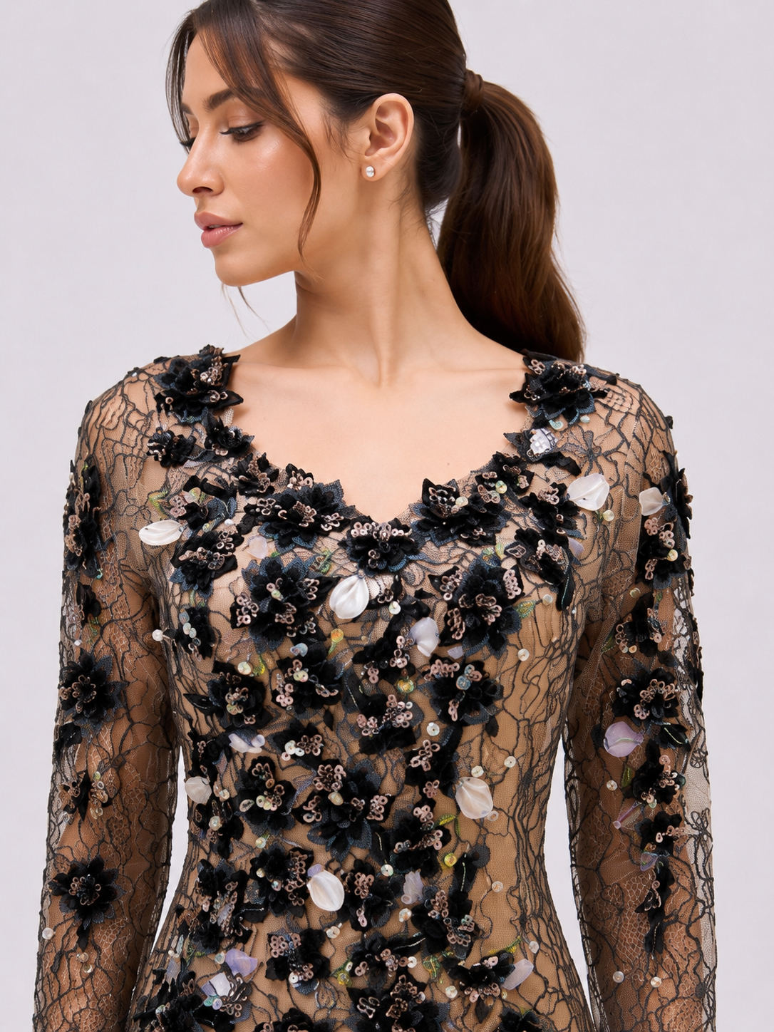 Black floral lace evening dress with soft tulle cape