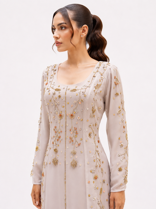 Japan crepe Hand embellished dress beige