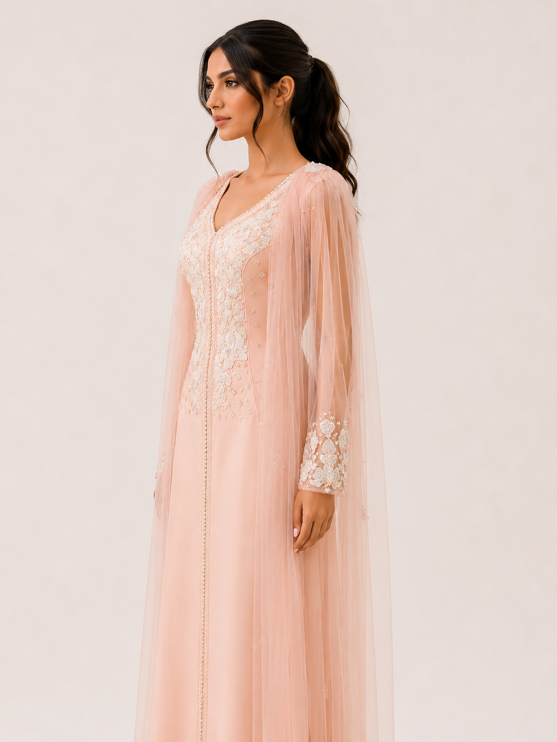 Rich sp peach caftan with white work