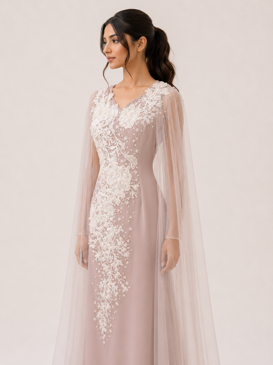 Beige cool crepe dress with white embellishment