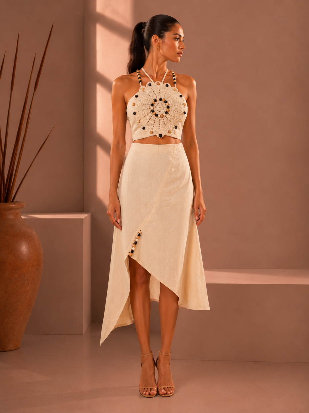 Linen Crochet top with skirt Set of 2