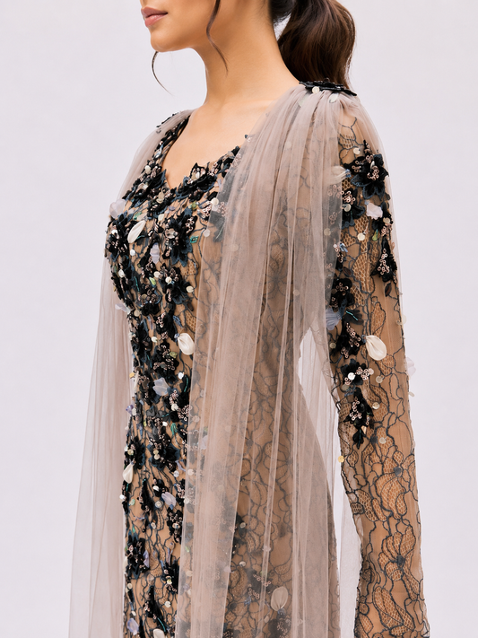 Black floral lace evening dress with soft tulle cape