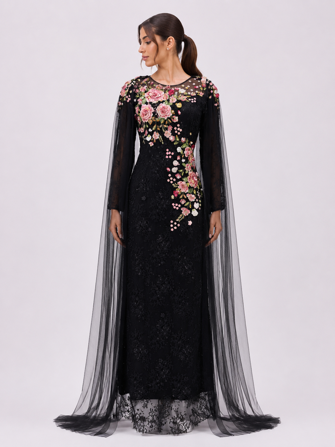 Black Lace Danielle elegant dress with soft tulle cape