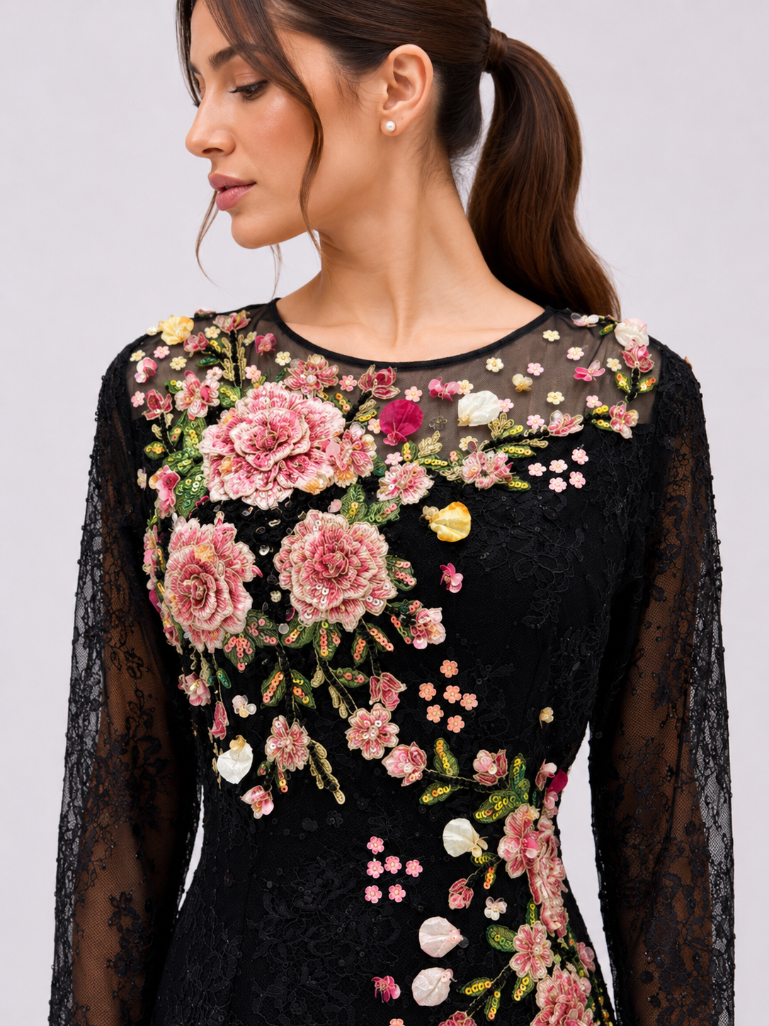 Black Lace Danielle elegant dress with soft tulle cape