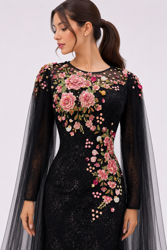 Black Lace Danielle elegant dress with soft tulle cape