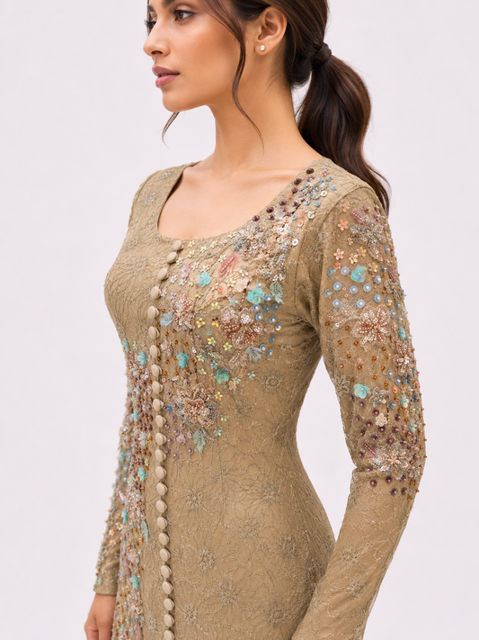 Dantelle Lace golden olive modest dress