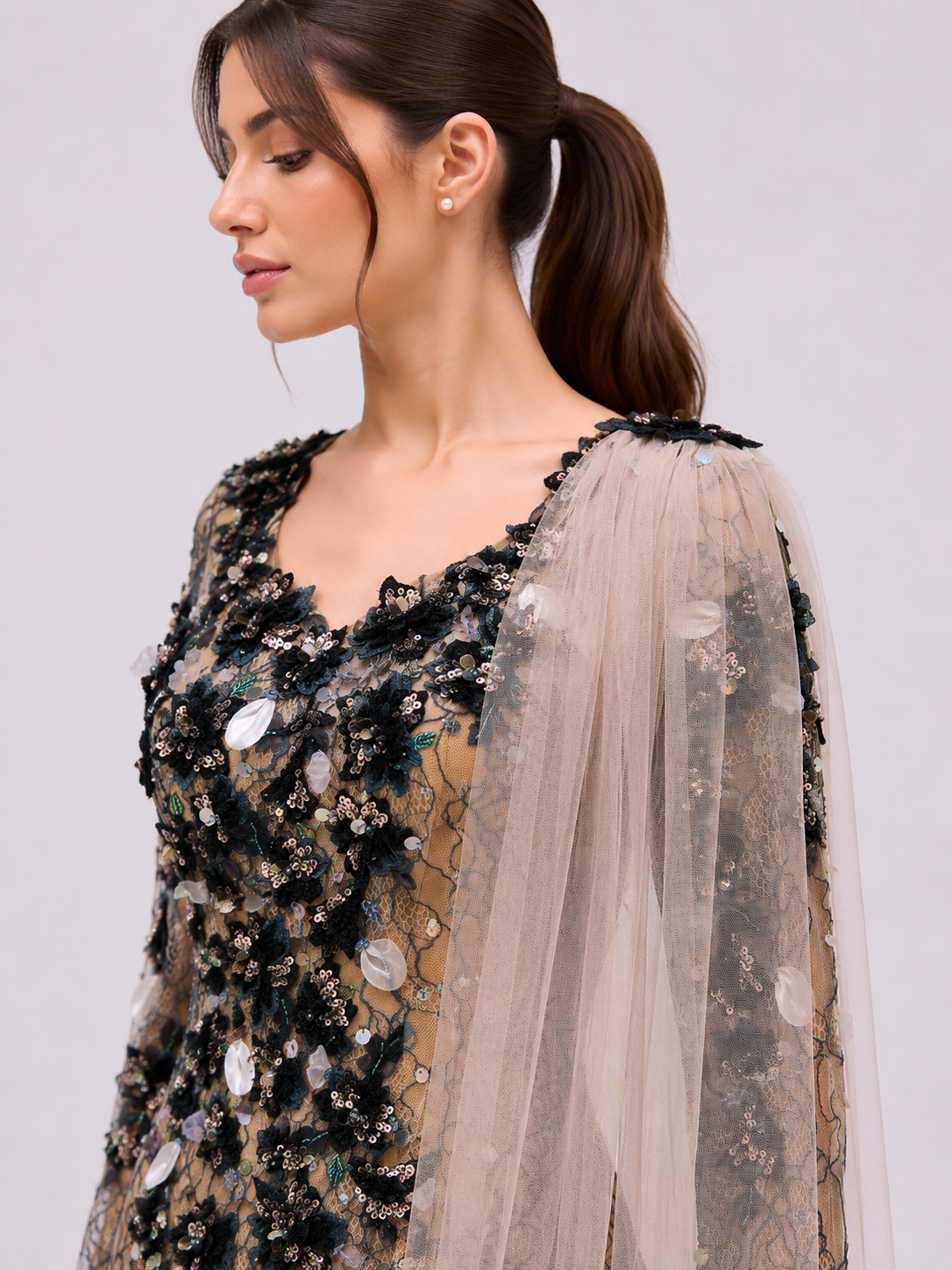 Black floral lace evening dress with soft tulle cape