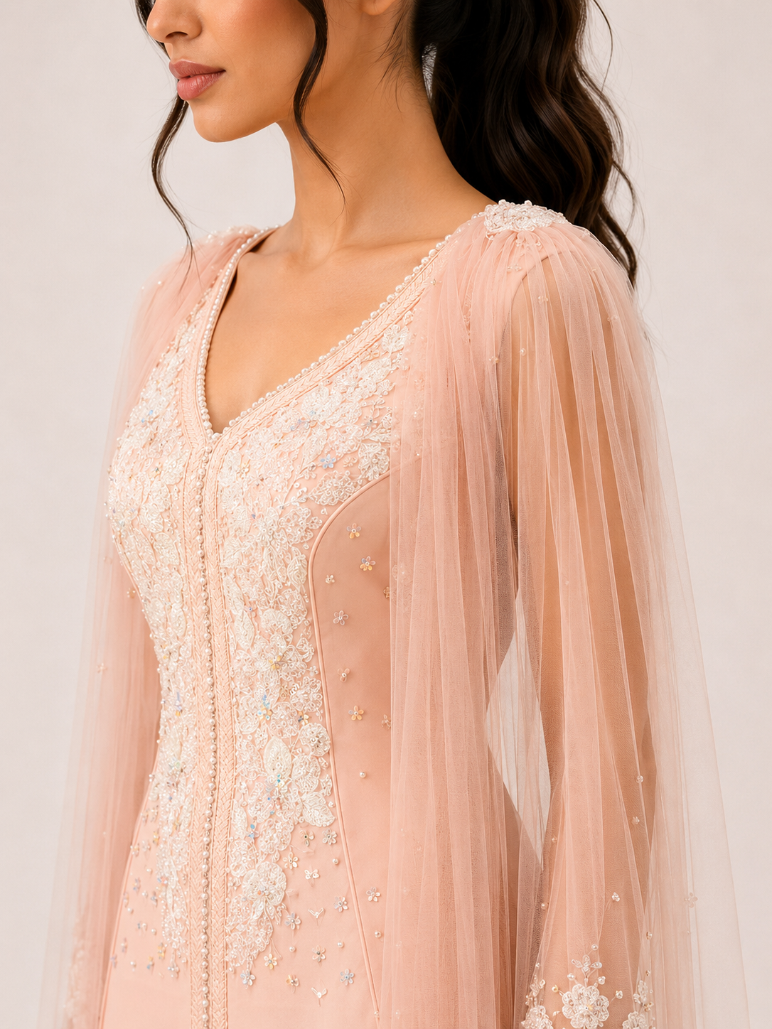 Rich sp peach caftan with white work