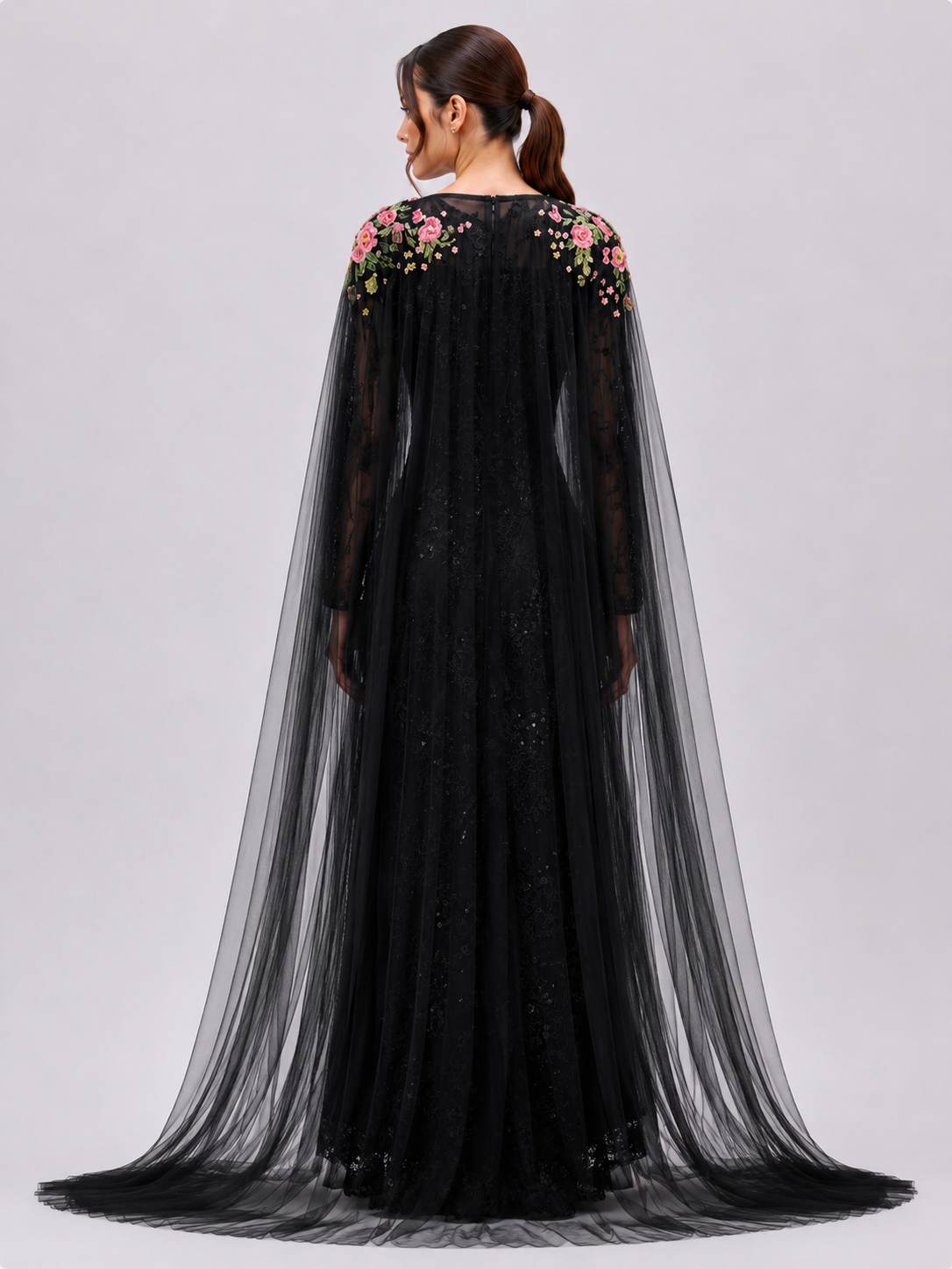 Black Lace Danielle elegant dress with soft tulle cape