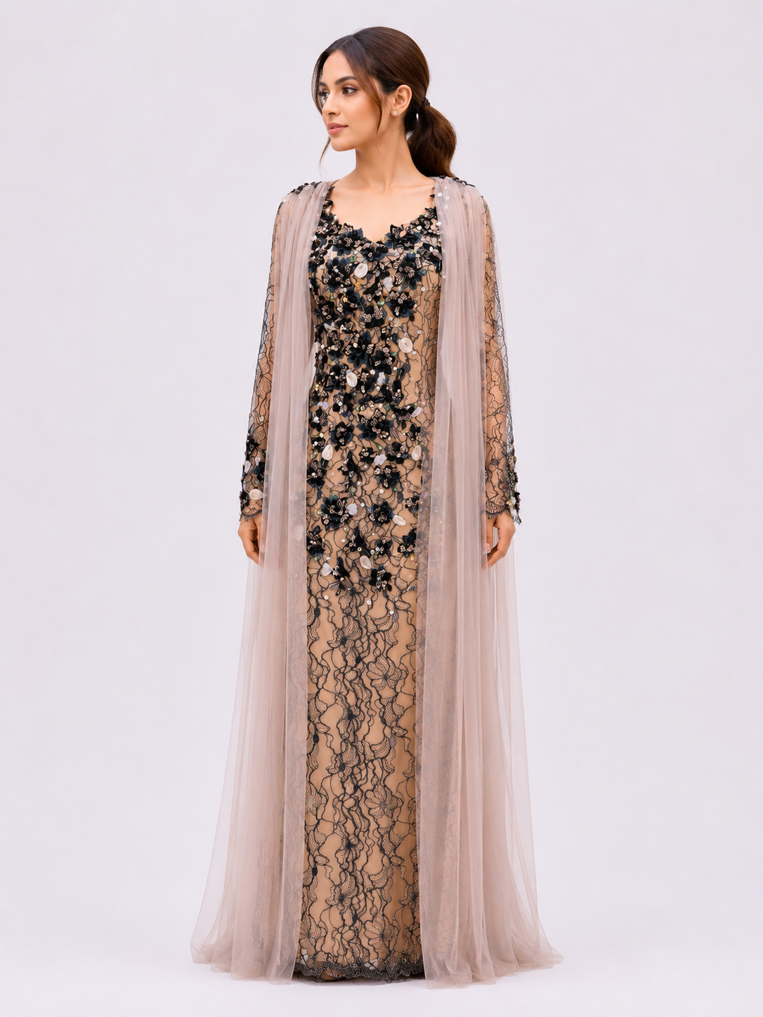 Black floral lace evening dress with soft tulle cape