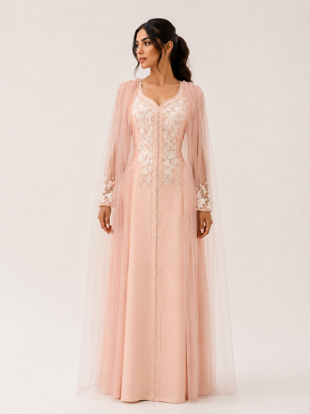 Rich sp peach caftan with white work
