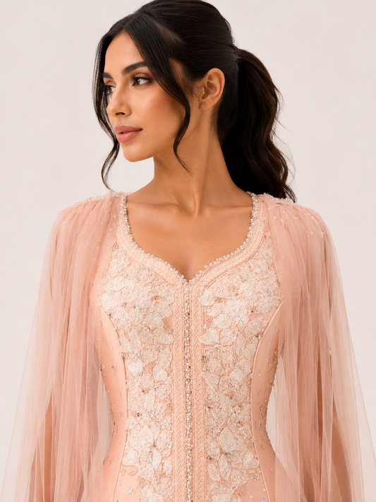 Rich sp peach caftan with white work