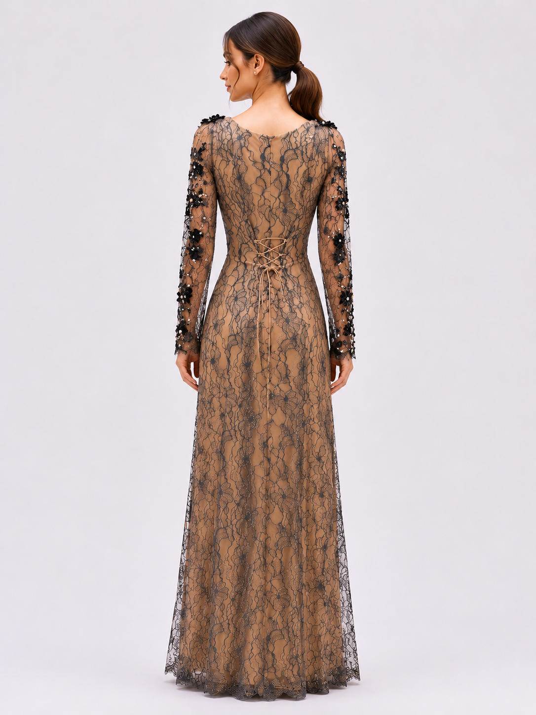 Black floral lace evening dress with soft tulle cape