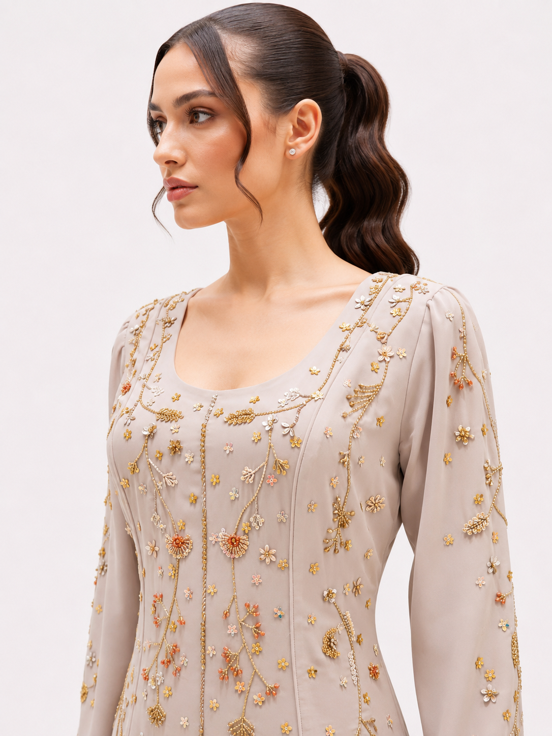 Japan crepe Hand embellished dress beige
