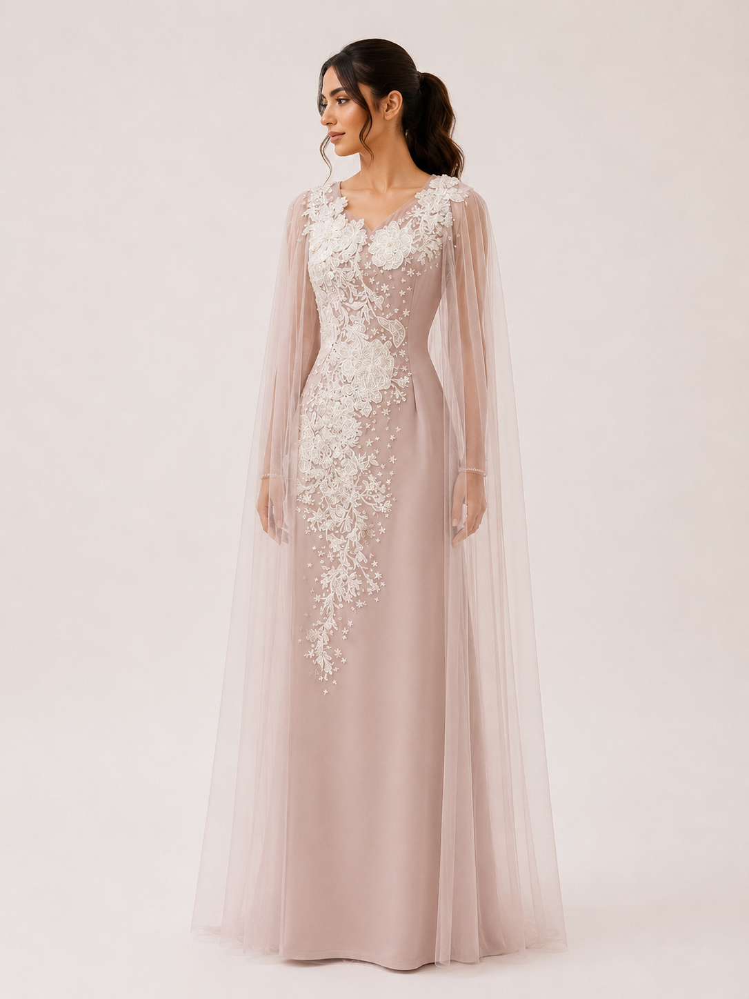 Beige cool crepe dress with white embellishment