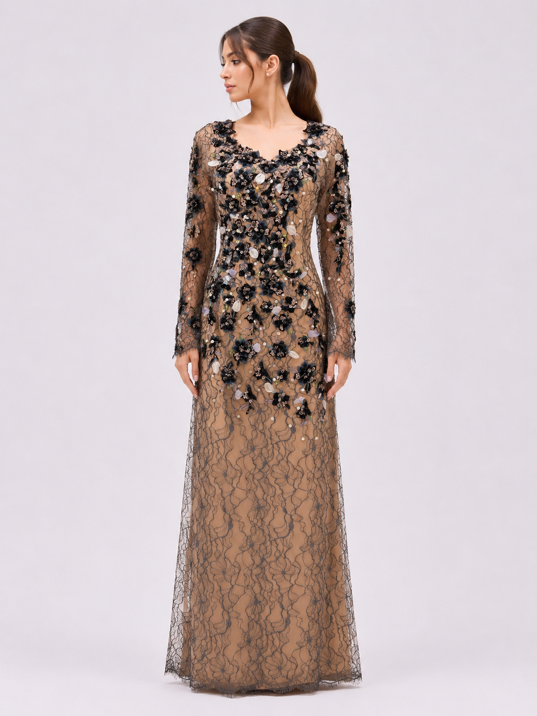 Black floral lace evening dress with soft tulle cape