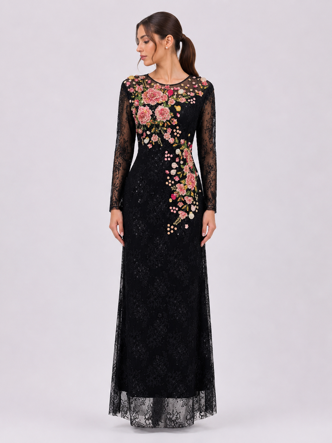Black Lace Danielle elegant dress with soft tulle cape