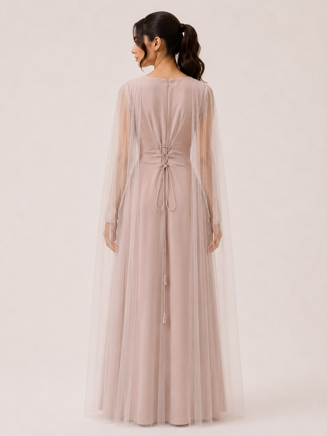 Beige cool crepe dress with white embellishment