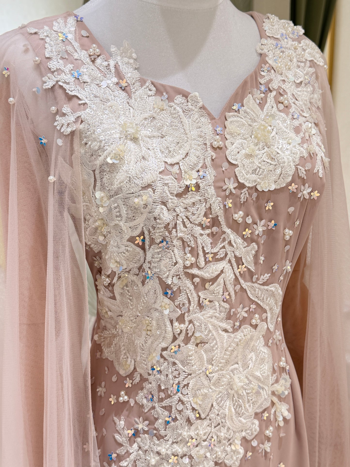 Beige cool crepe dress with white embellishment
