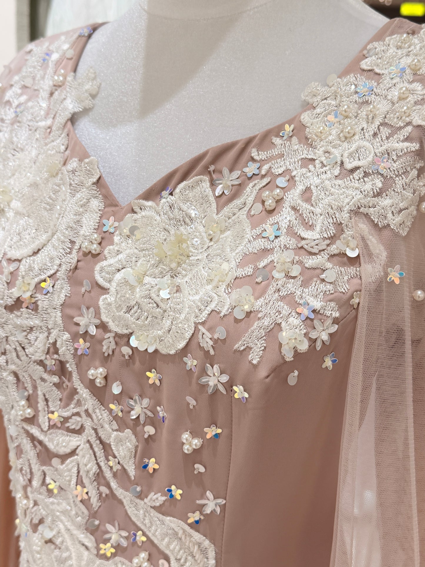Beige cool crepe dress with white embellishment