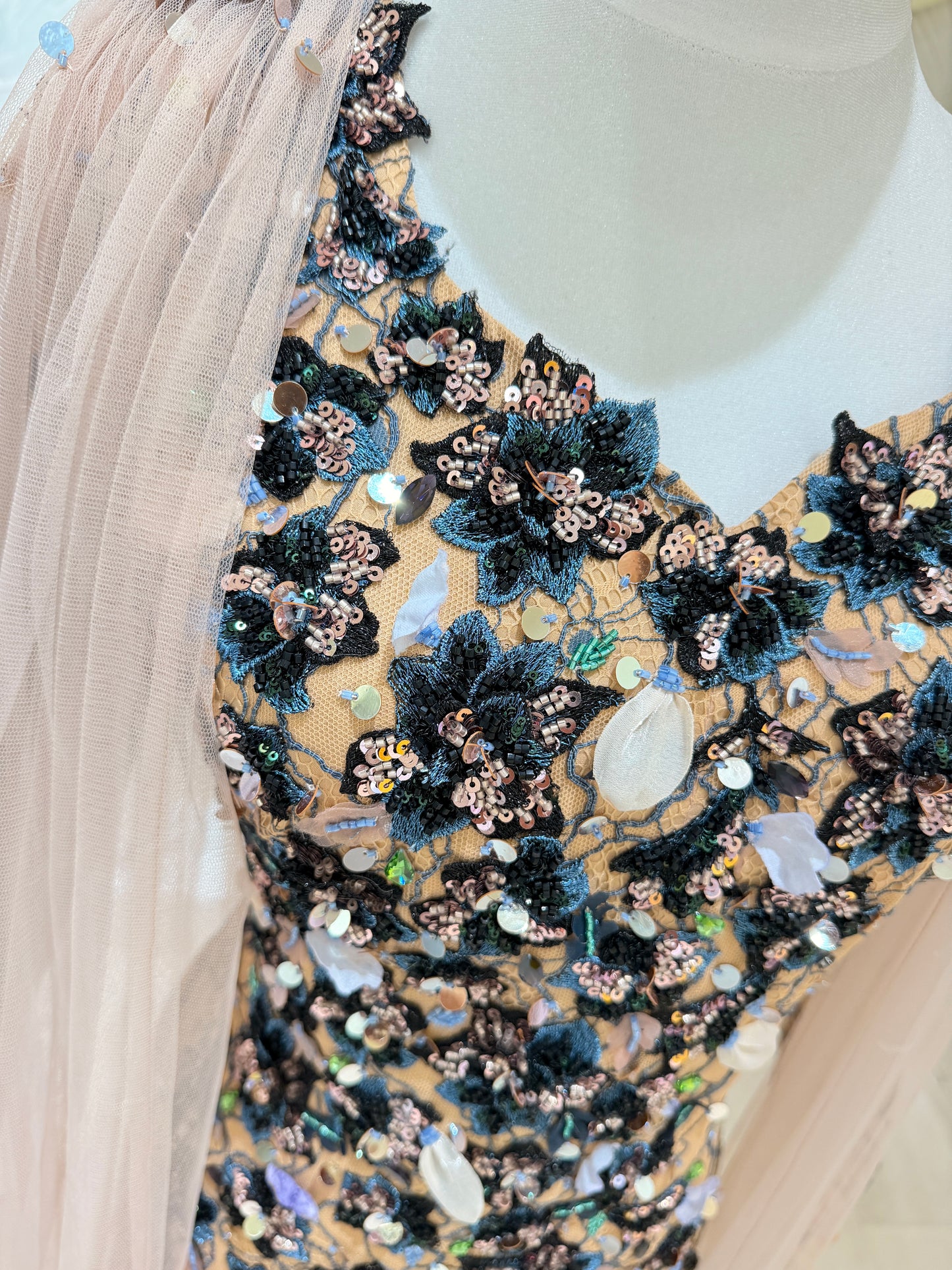 Black floral lace evening dress with soft tulle cape