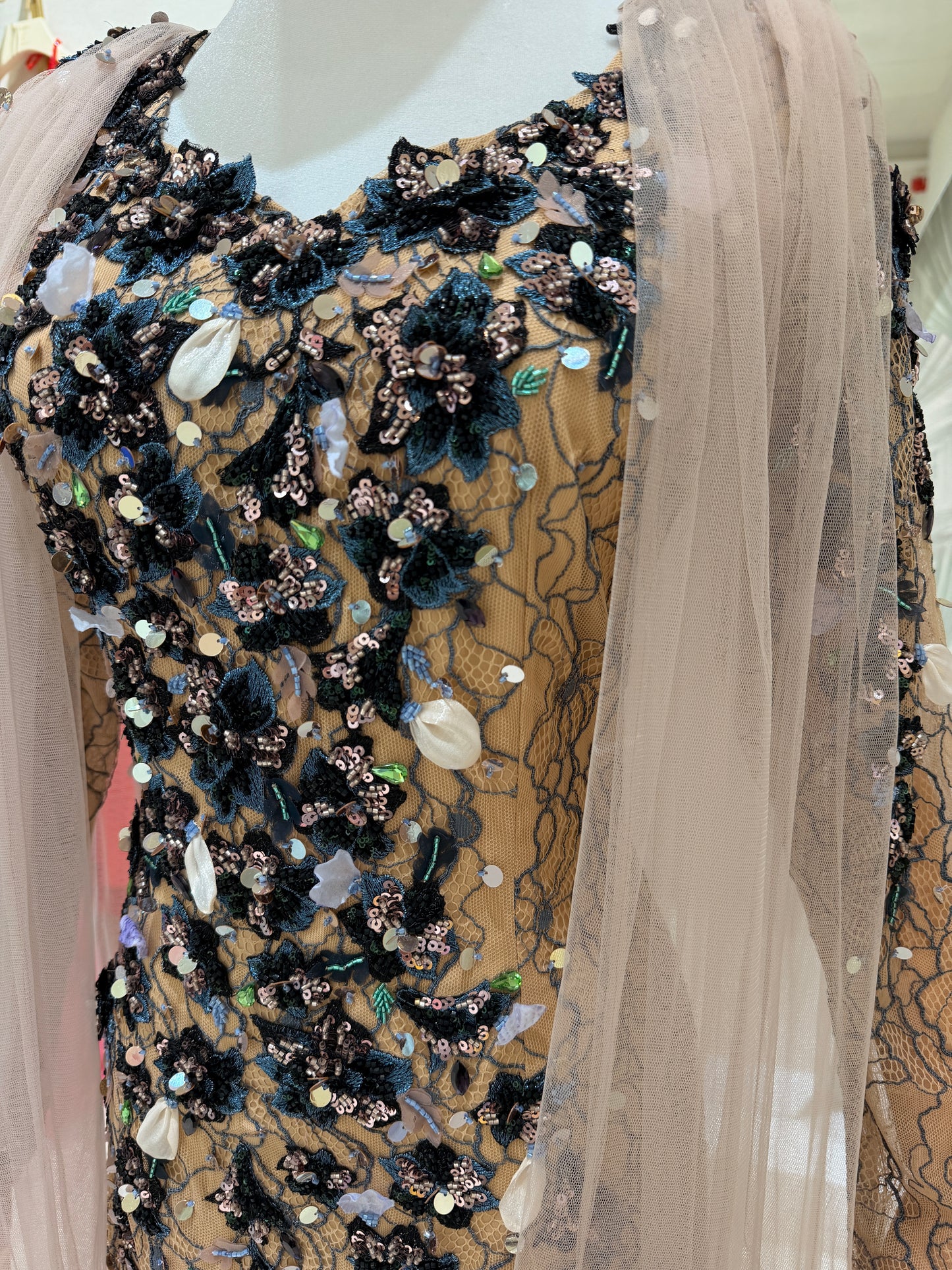 Black floral lace evening dress with soft tulle cape