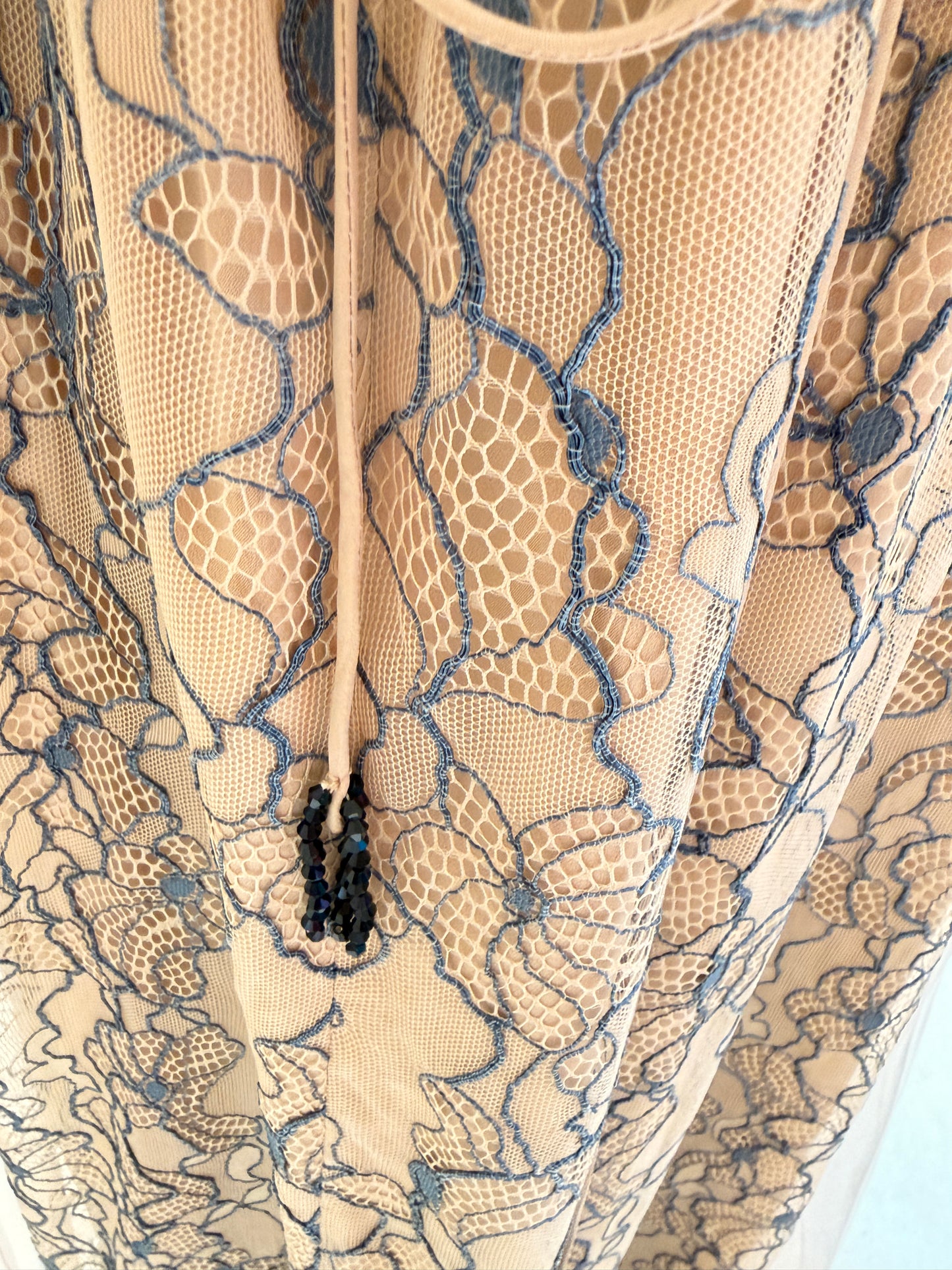 Black floral lace evening dress with soft tulle cape